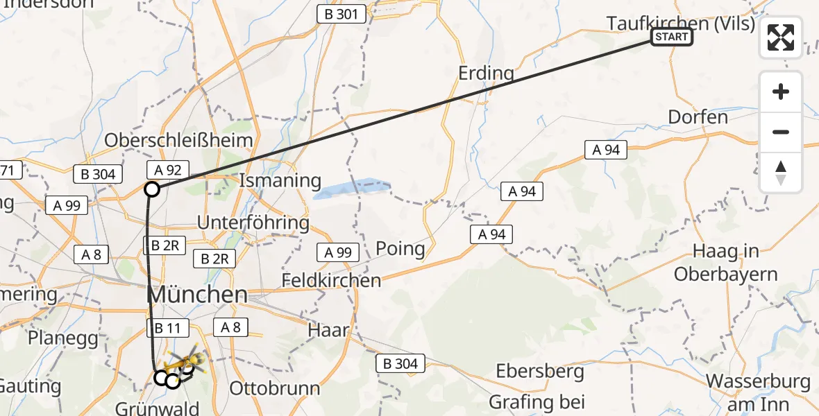 Flugroute Rettungshubschrauber Taufkirchen (Vils) - ADAC Air Rescue Center Hubschrauberlandeplatz (Christoph 1), 02 Juli 2026, 11:52