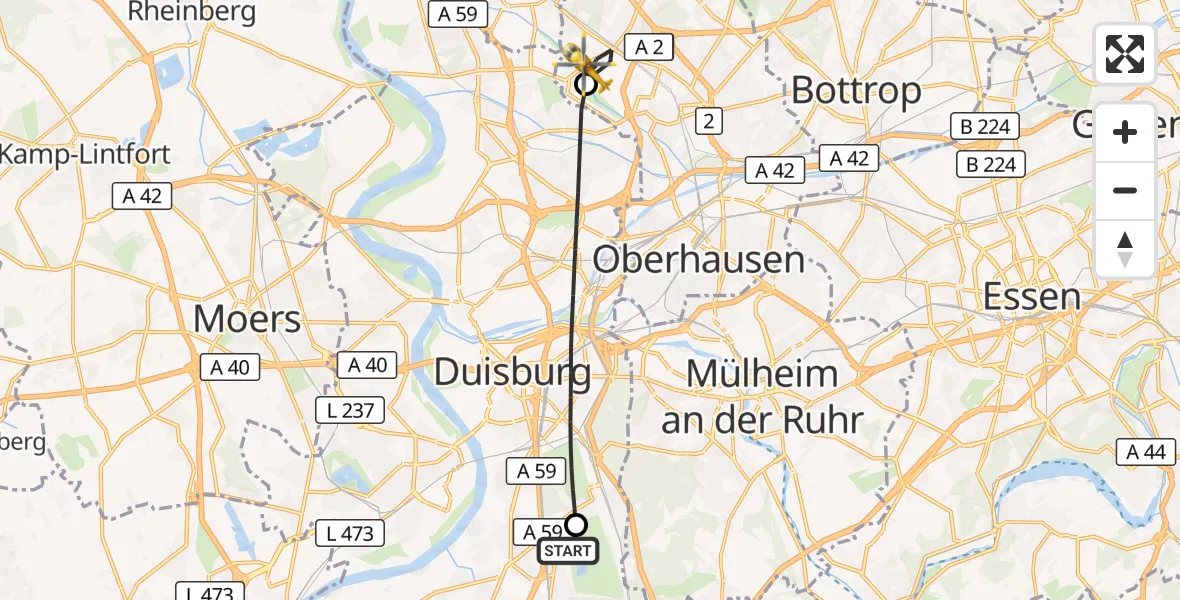 Flugroute Rettungshubschrauber Duisburg Air Rescue Hubschrauberlandeplatz (Christoph 9) - Oberhausen, 02 Juli 2026, 11:55
