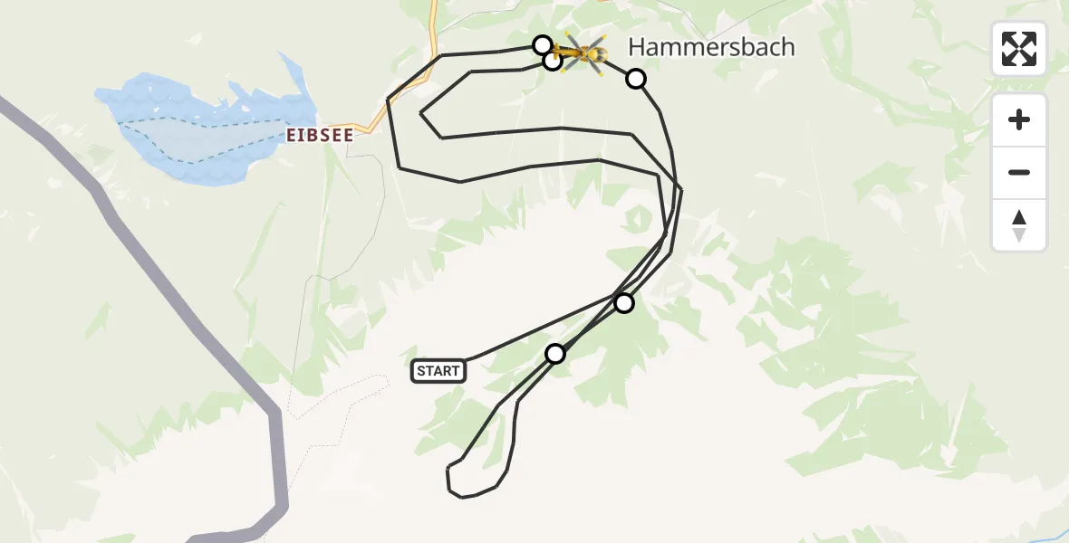 Flugroute Rettungshubschrauber Grainau - Brandweg Hubschrauberlandeplatz, 02 Juli 2026, 11:59