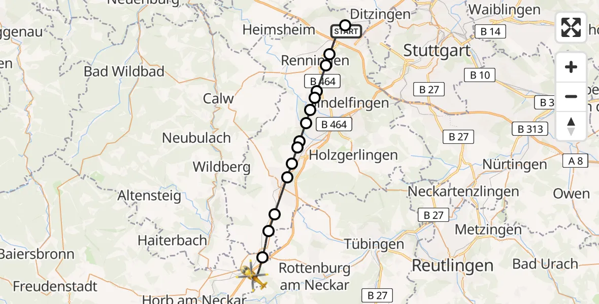 Flugroute Rettungshubschrauber Leonberg Hospital - Rottenburg am Neckar, 02 Juli 2026, 12:00