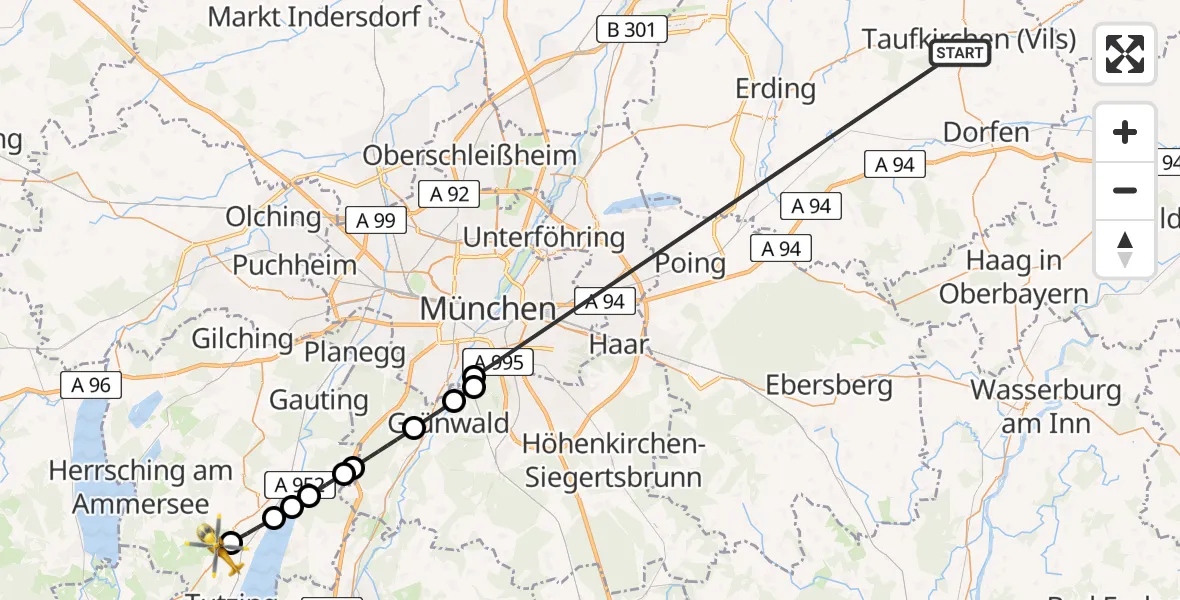 Flugroute Rettungshubschrauber Taufkirchen (Vils) - Tutzing, 02 Juli 2026, 12:01