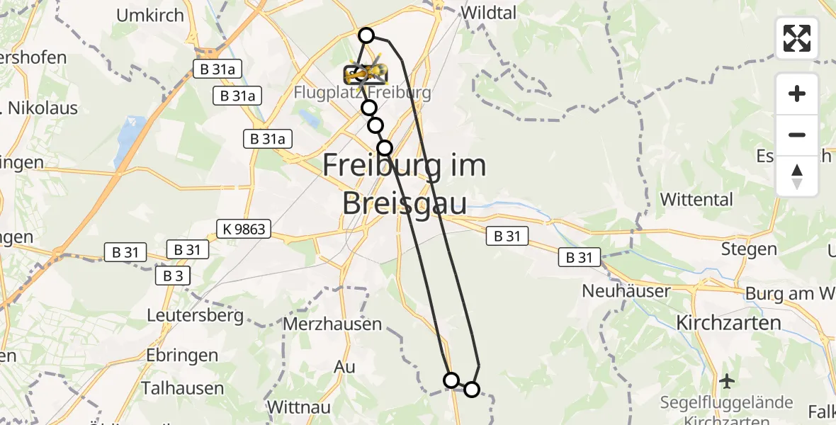 Flugroute Ambulanzhubschrauber Freiburg im Breisgau Flugplatz - Freiburg im Breisgau Flugplatz, 02 Juli 2026, 12:05