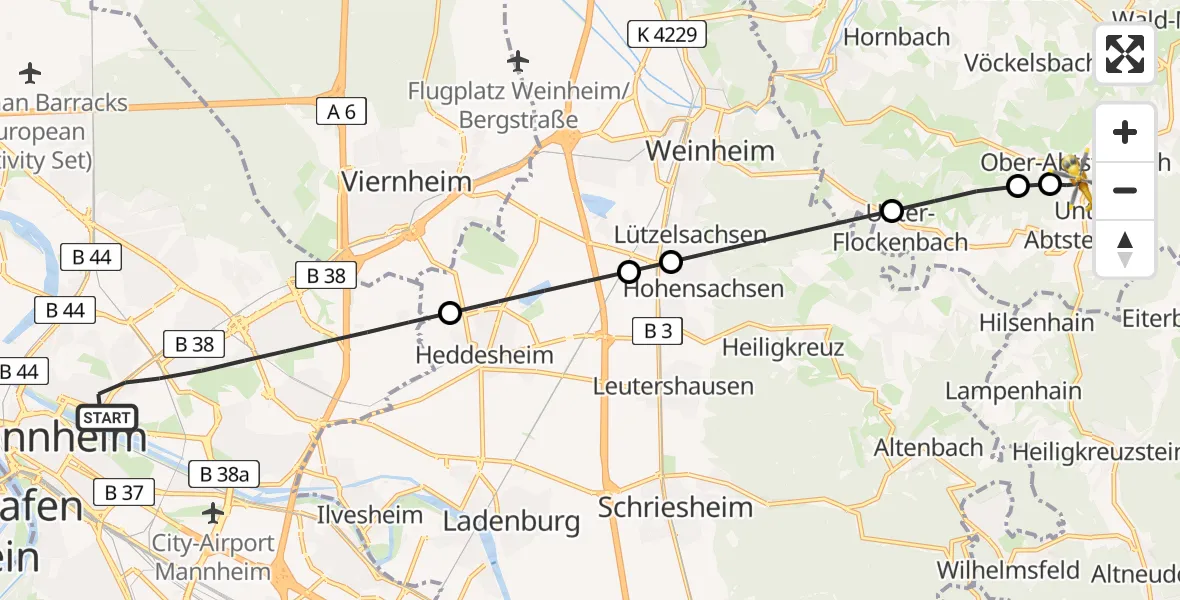Flugroute Rettungshubschrauber Mannheim - Abtsteinach, 02 Juli 2026, 12:07