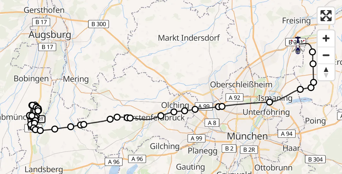 Flugroute Polizeihubschrauber Lechfeld Militärflugplatz - München Flughafen, 02 Juli 2026, 12:09