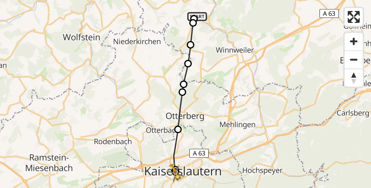 Flugroute Rettungshubschrauber Imsweiler UL - Westpfalz Hospital Kaiserslautern, 02 Juli 2026, 12:10