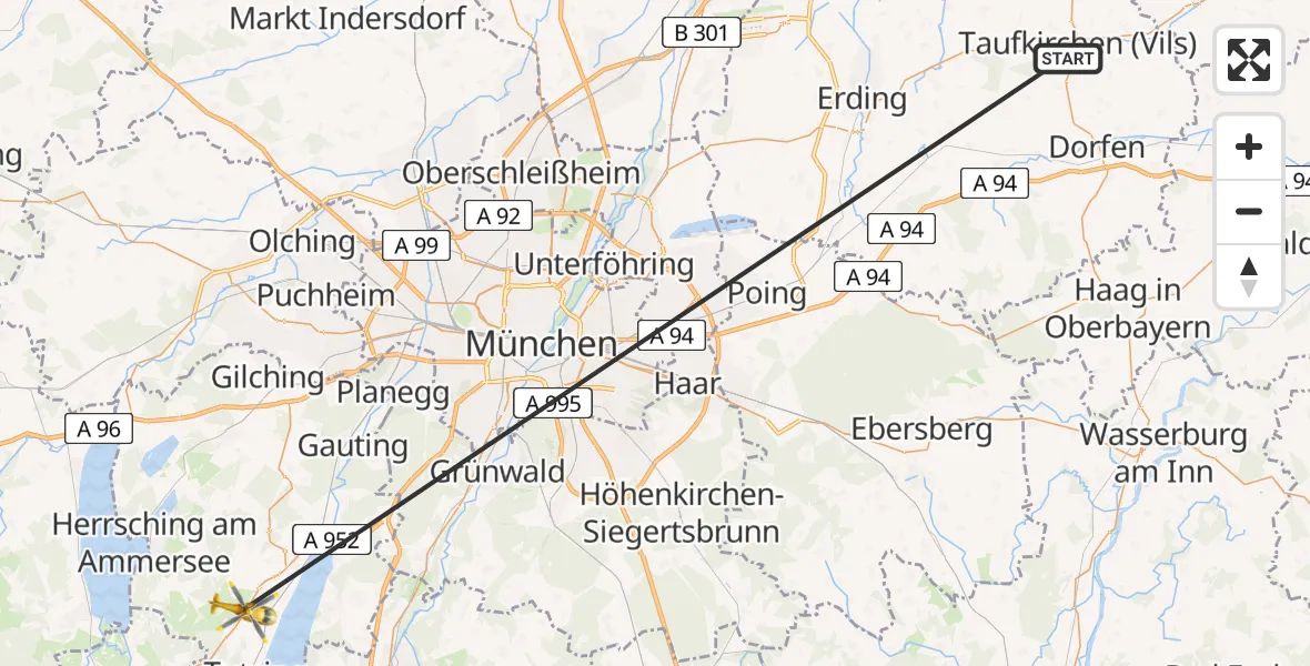 Flugroute Rettungshubschrauber Taufkirchen (Vils) - Feldafing, 02 Juli 2026, 12:12