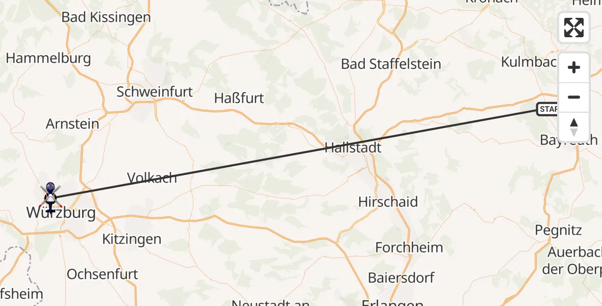 Flugroute Polizeihubschrauber Neudrossenfeld - Würzburg, 02 Juli 2026, 12:14