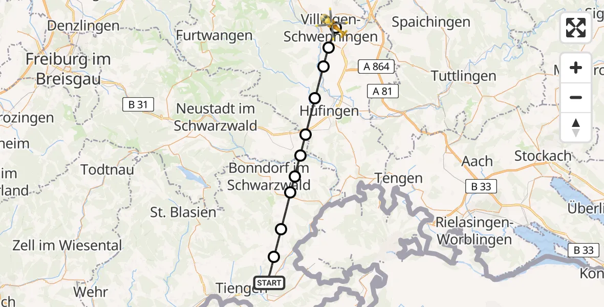 Flugroute Ambulanzhubschrauber Wutöschingen - DRF Air Rescue Station Villingen-Schwenningen Hubschrauberlandeplatz (Christoph 11), 02 Juli 2026, 12:15