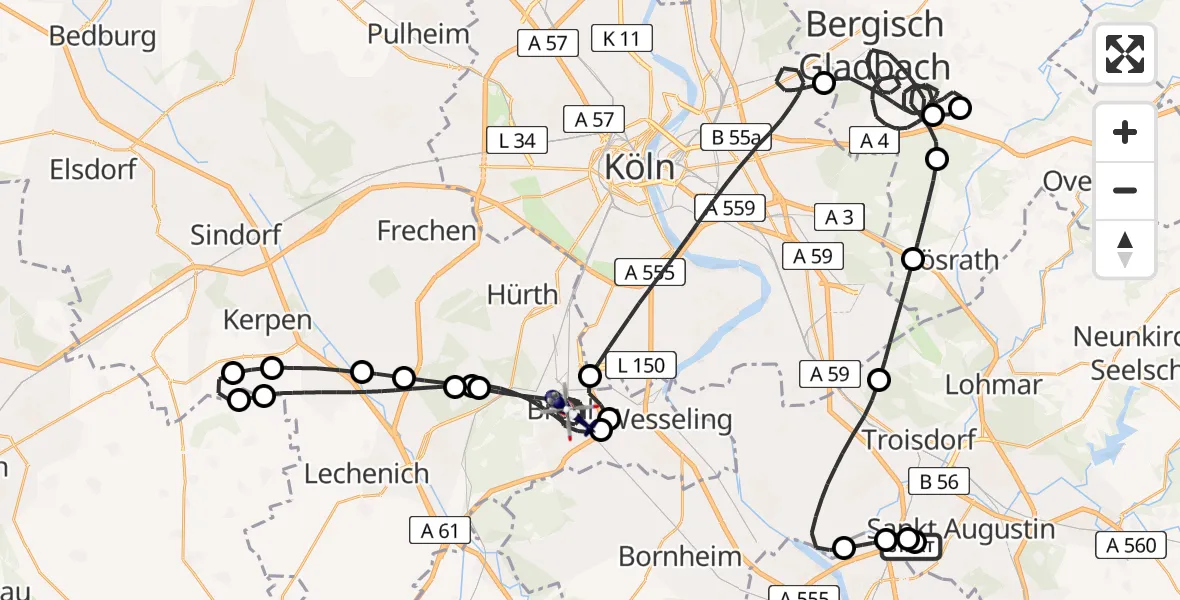 Flugroute Polizeihubschrauber Sankt Augustin - Brühl, 02 Juli 2026, 12:15
