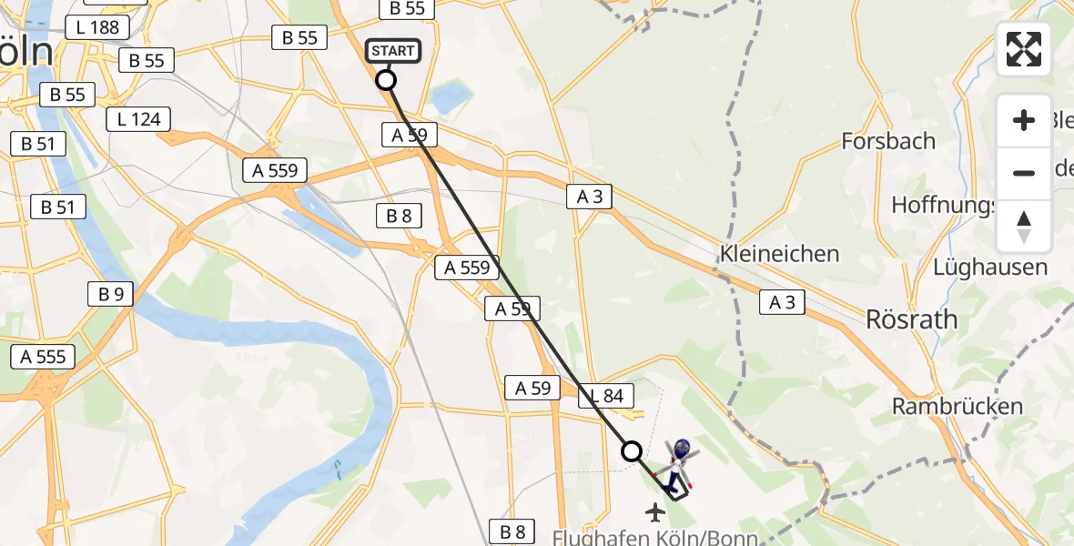 Flugroute Polizeihubschrauber Merheim Hospital - Köln Bonn Flughafen, 02 Juli 2026, 12:19