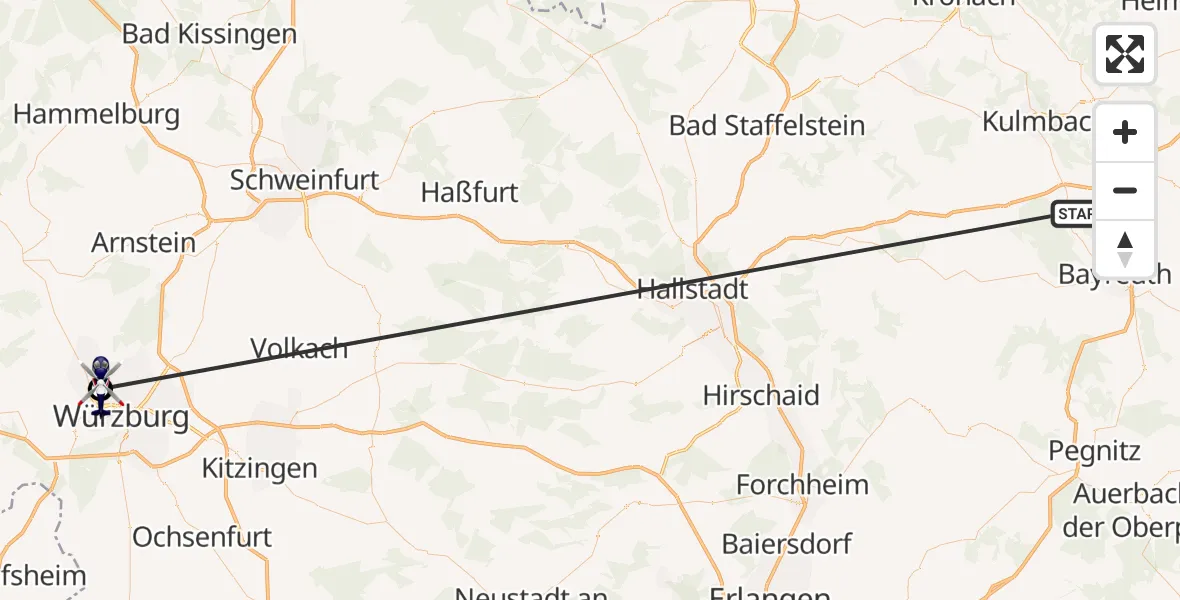 Flugroute Polizeihubschrauber Neudrossenfeld - Würzburg, 02 Juli 2026, 12:23