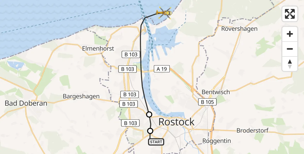 Flugroute Rettungshubschrauber Rostock - Rostock, 02 Juli 2026, 12:25