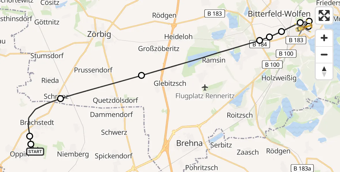 Flugroute Rettungshubschrauber Halle-Oppin Flugplatz - Bitterfield-Wolfen Health Center Hubschrauberlandeplatz, 02 Juli 2026, 12:26