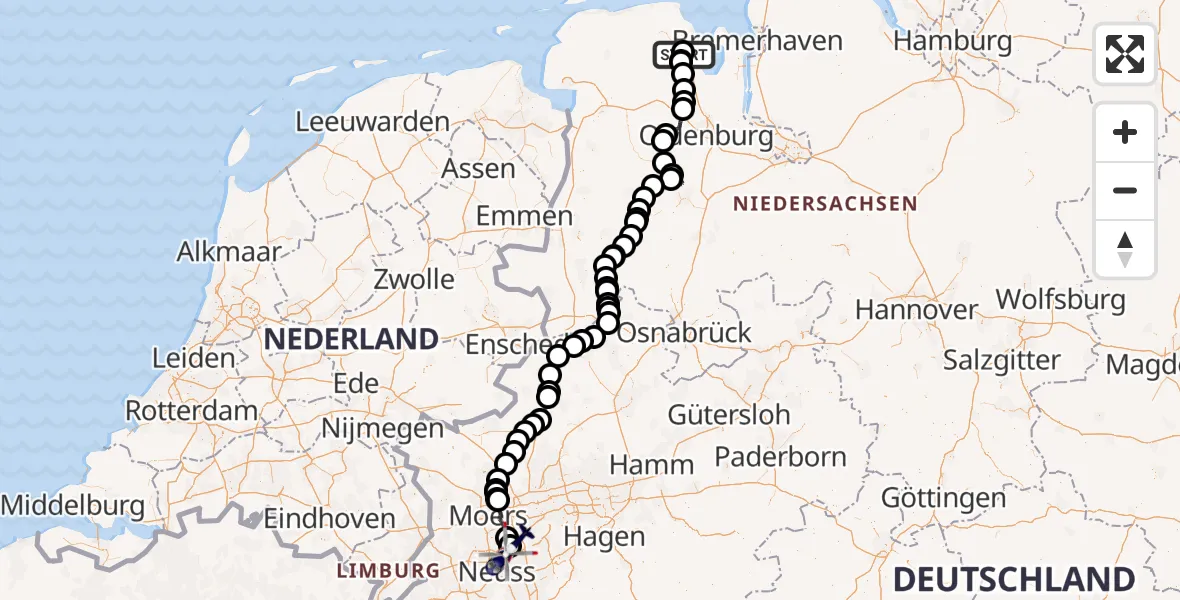 Flugroute Polizeihubschrauber JadeWeser Flughafen - Düsseldorf Flughafen, 02 Juli 2026, 12:27