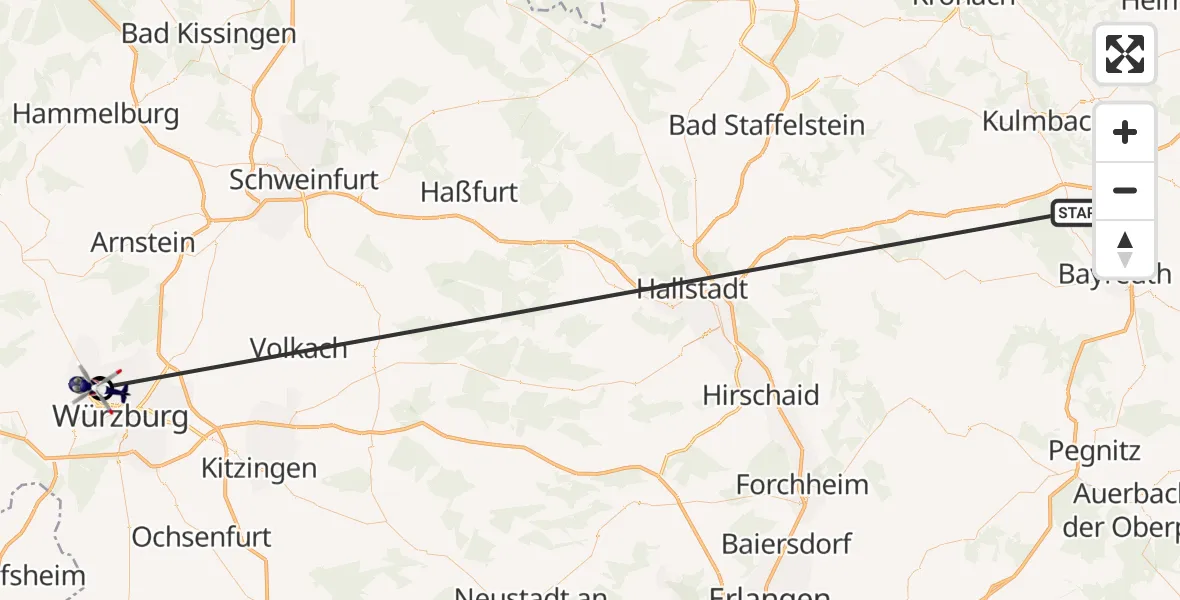 Flugroute Polizeihubschrauber Neudrossenfeld - Würzburg-Schenkenturm Flugplatz, 02 Juli 2026, 12:32