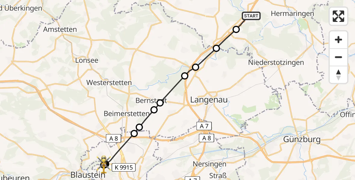 Flugroute Rettungshubschrauber Giengen an der Brenz - ADAC Air Rescue Station Ulm (Christoph 22), 02 Juli 2026, 12:33