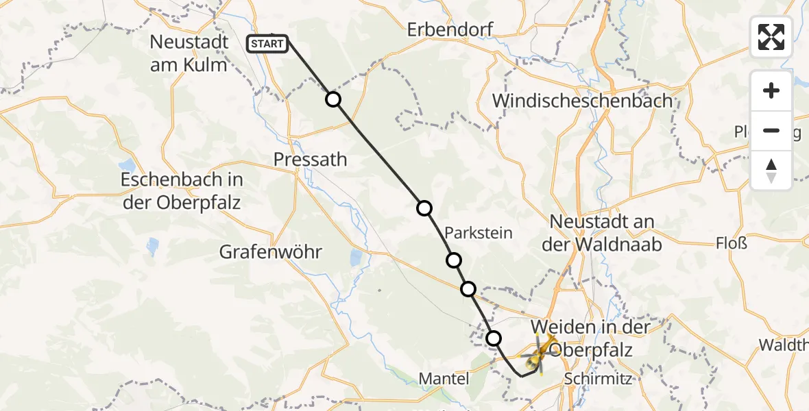 Flugroute Rettungshubschrauber Kastl - Weiden i.d.OPf., 02 Juli 2026, 12:33