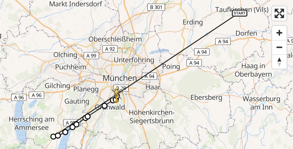 Flugroute Rettungshubschrauber Taufkirchen (Vils) - ADAC Air Rescue Center Hubschrauberlandeplatz (Christoph 1), 02 Juli 2026, 12:34