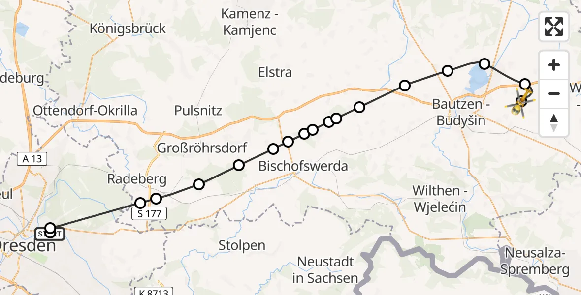 Flugroute Rettungshubschrauber Dresden University Hospital - Bautzen Flugplatz, 02 Juli 2026, 12:35