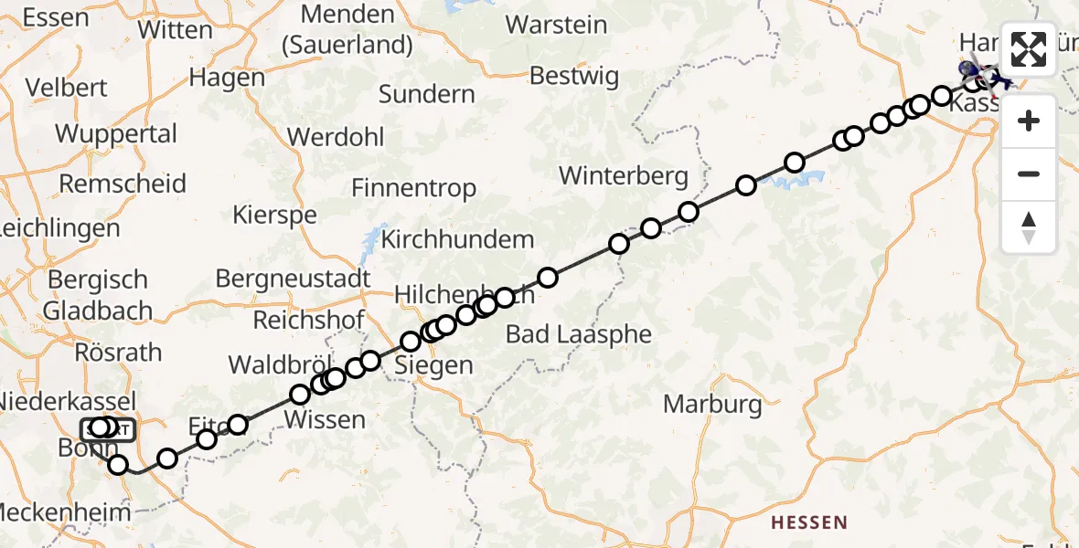 Flugroute Polizeihubschrauber Sankt Augustin - Fuldatal Bundespolizei Hubschrauberlandeplatz, 02 Juli 2026, 12:40