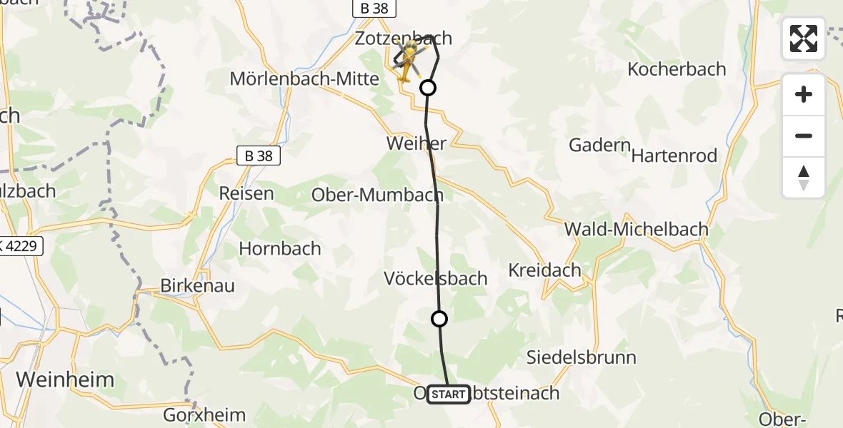 Flugroute Rettungshubschrauber Birkenau - Rimbach, 02 Juli 2026, 12:44