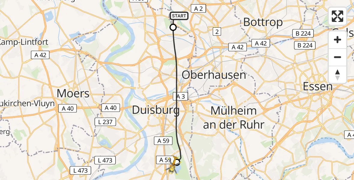 Flugroute Rettungshubschrauber Oberhausen - Duisburg Air Rescue Hubschrauberlandeplatz (Christoph 9), 02 Juli 2026, 12:45