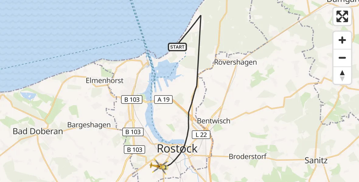 Flugroute Rettungshubschrauber Rostock - Rostock, 02 Juli 2026, 12:48