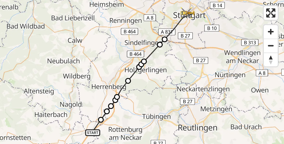 Flugroute Rettungshubschrauber Rottenburg am Neckar - Stuttgart, 02 Juli 2026, 12:53