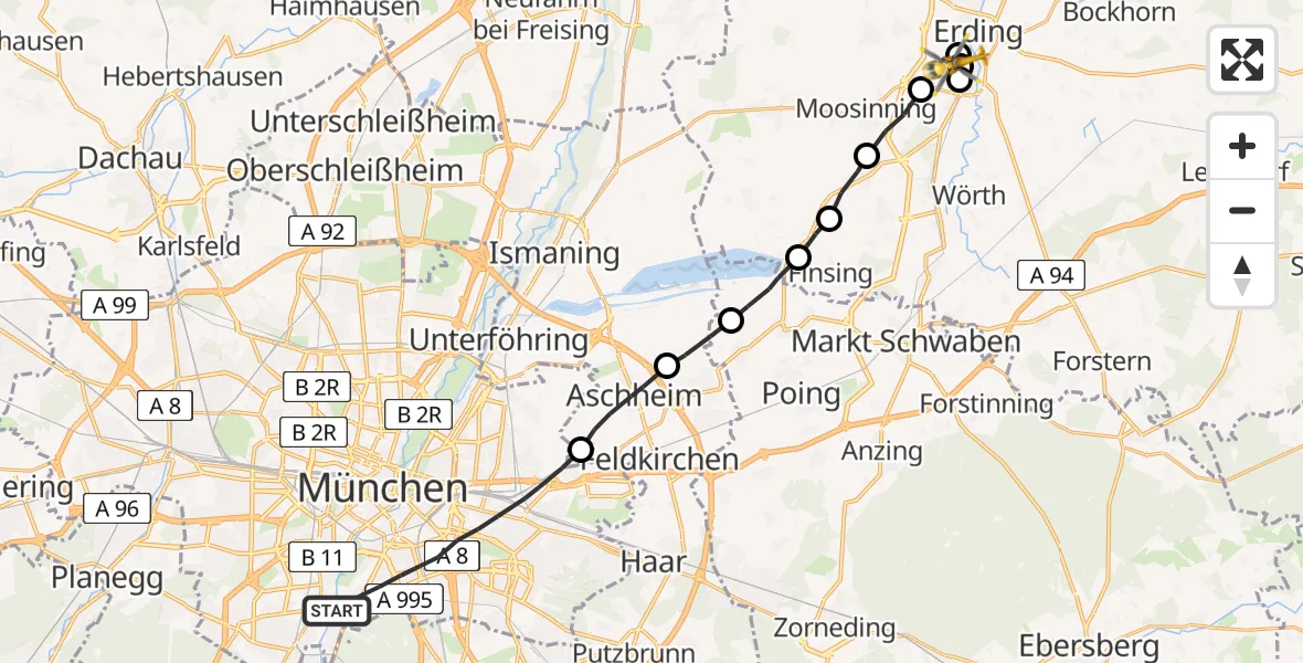Flugroute Rettungshubschrauber München - Erding District Hospital, 02 Juli 2026, 12:59