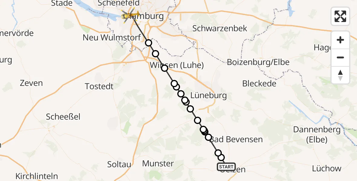 Flugroute Rettungshubschrauber Uelzen - Hamburg, 02 Juli 2026, 13:00