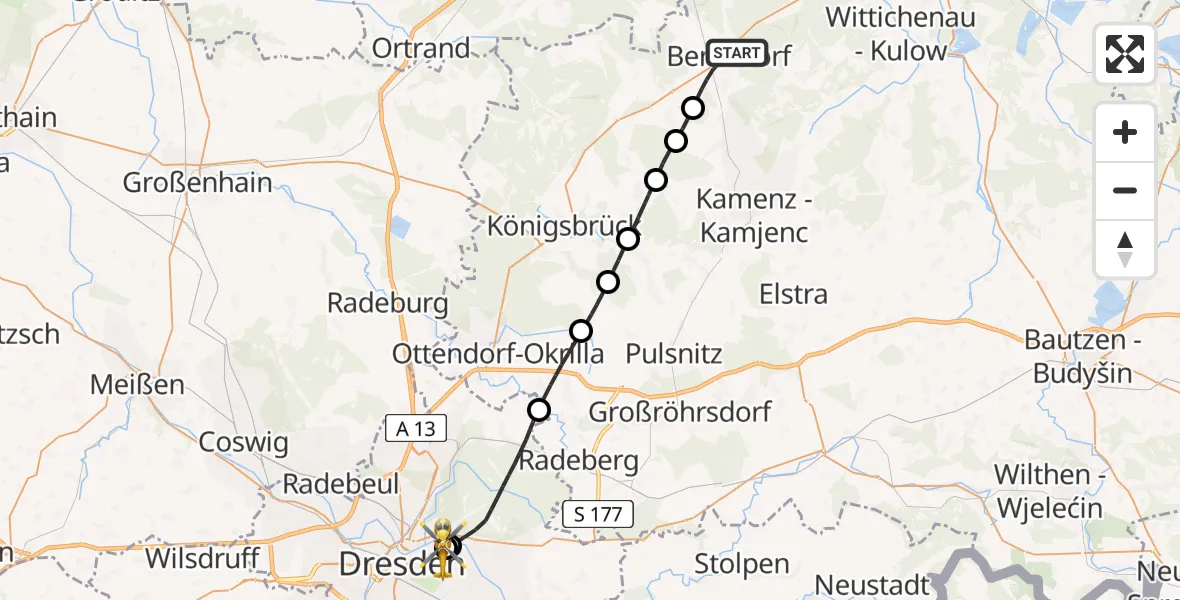 Flugroute Rettungshubschrauber Bernsdorf - Dresden University Hospital, 02 Juli 2026, 13:00