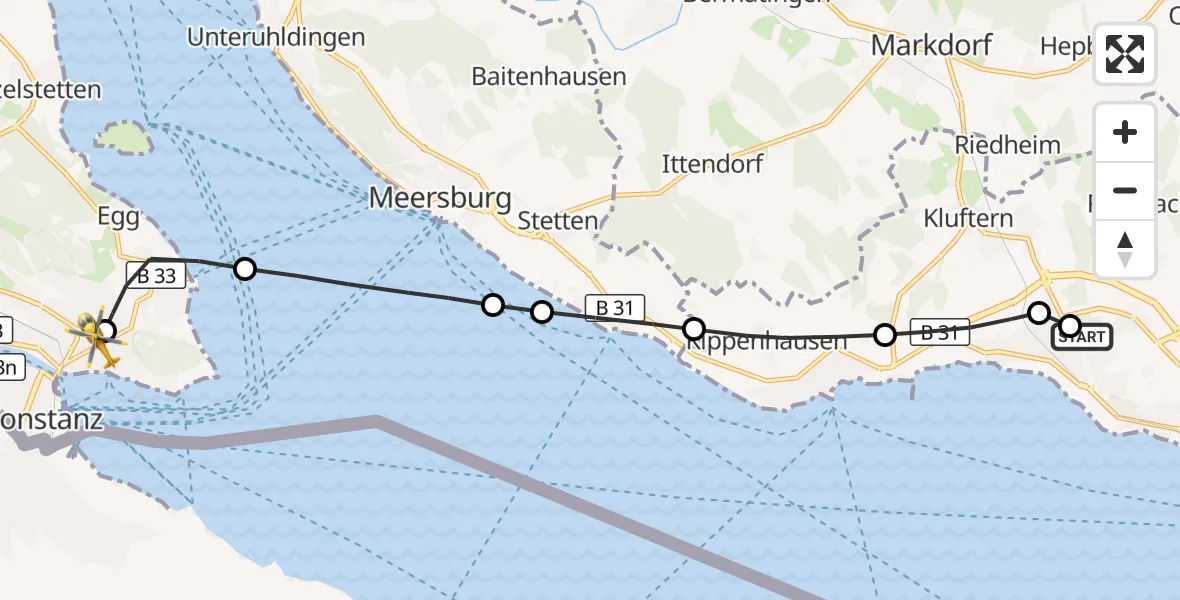 Flugroute Rettungshubschrauber Friedrichshafen Hospital - Konstanz Hospital, 02 Juli 2026, 13:01