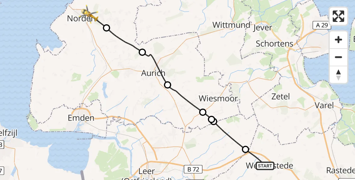 Flugroute Ambulanzhubschrauber Westerstede - Lütetsburg, 02 Juli 2026, 13:03
