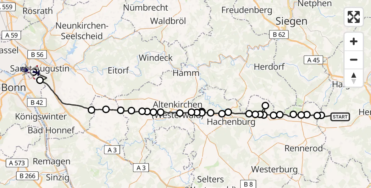 Flugroute Polizeihubschrauber Breitscheid - Bonn-Hangelar Flugplatz, 02 Juli 2026, 13:05