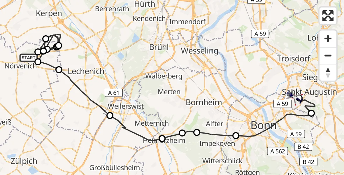 Flugroute Polizeihubschrauber Nörvenich - Bonn-Hangelar Flugplatz, 02 Juli 2026, 13:05