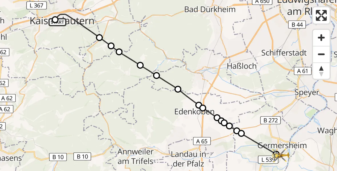 Flugroute Rettungshubschrauber Westpfalz Hospital Kaiserslautern - Germersheim, 02 Juli 2026, 13:10