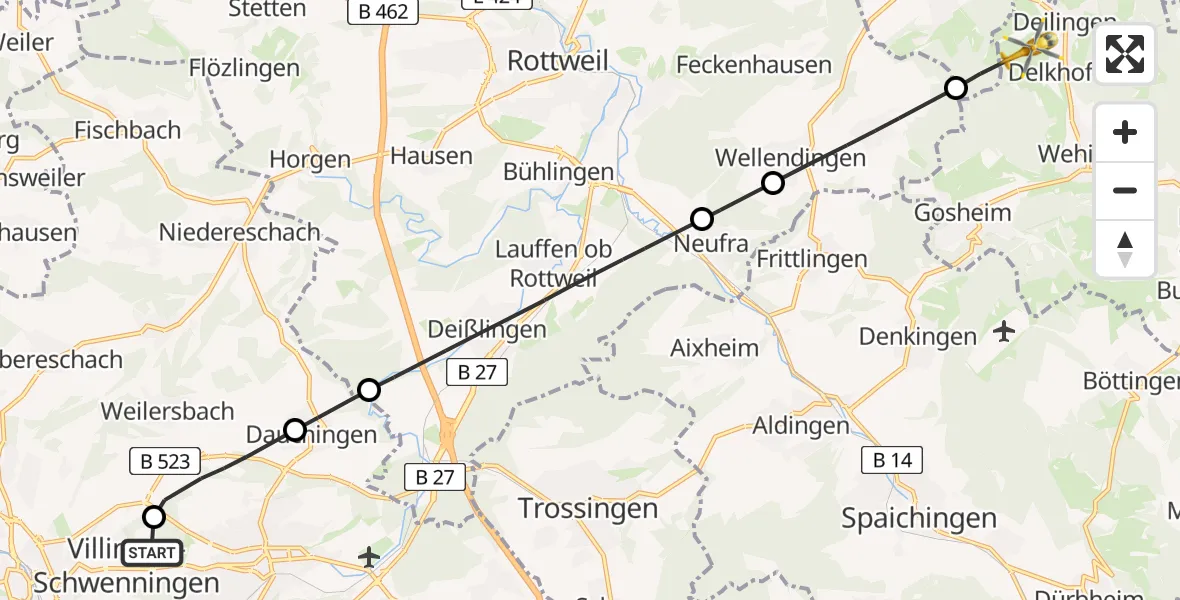 Flugroute Ambulanzhubschrauber DRF Air Rescue Station Villingen-Schwenningen Hubschrauberlandeplatz (Christoph 11) - Deilingen, 02 Juli 2026, 13:12