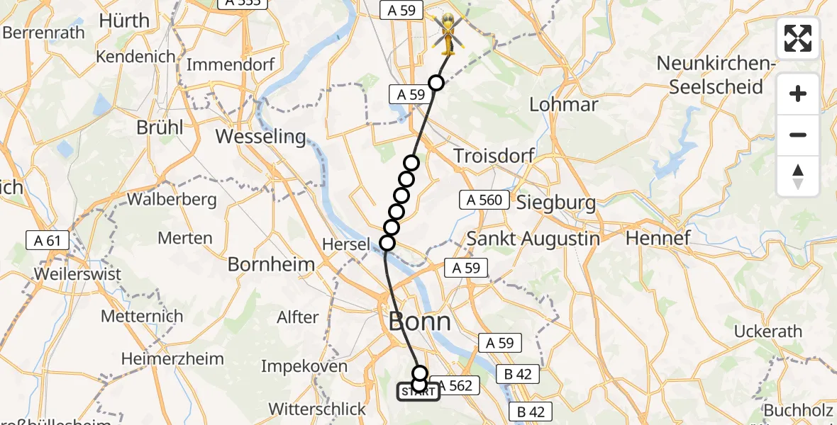 Flugroute Ambulanzhubschrauber Bonn University Hospital - Köln Bonn Flughafen, 02 Juli 2026, 13:13