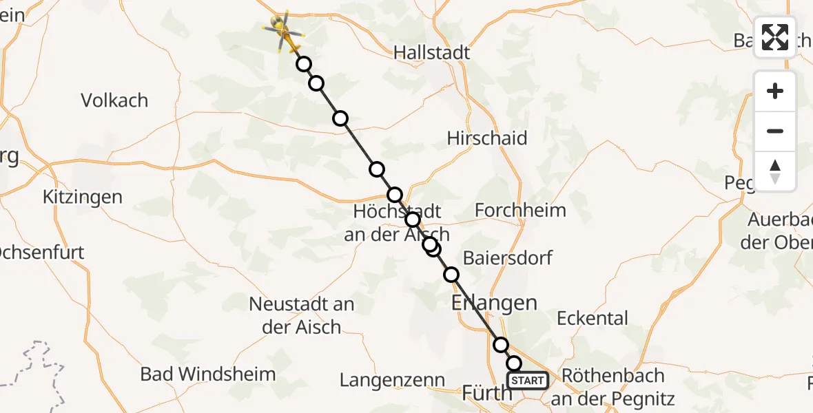 Flugroute Ambulanzhubschrauber Flughafen Nuremberg - Knetzgau, 02 Juli 2026, 13:15