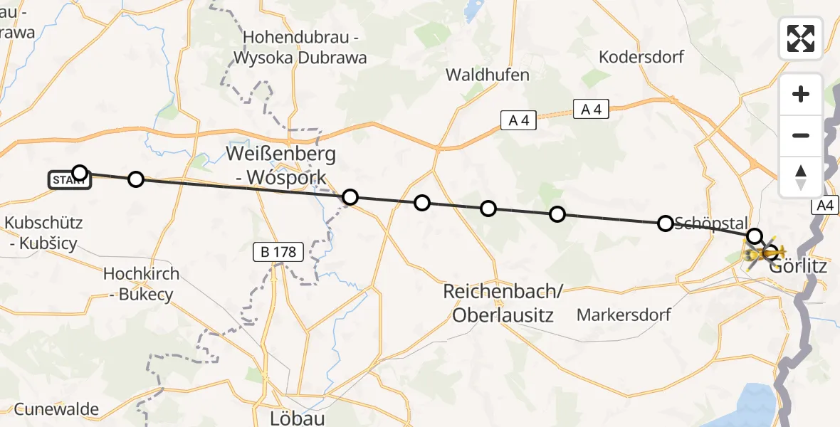 Flugroute Rettungshubschrauber Bautzen Flugplatz - Görlitz Hospital, 02 Juli 2026, 13:24