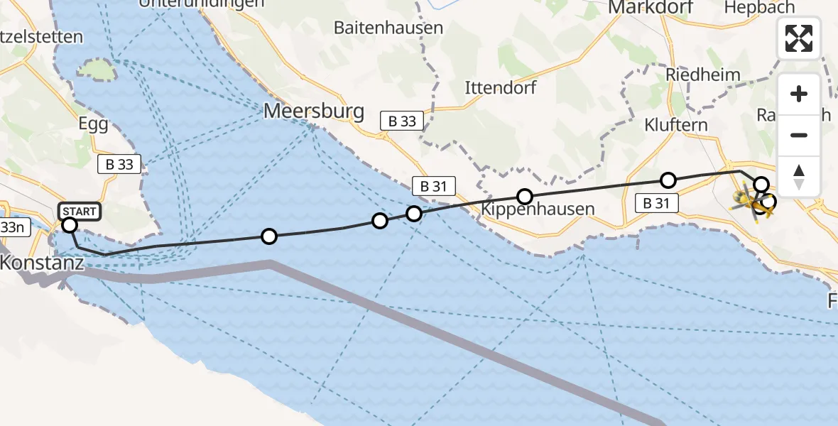 Flugroute Rettungshubschrauber Konstanz Hospital - Friedrichshafen Hospital, 02 Juli 2026, 13:30