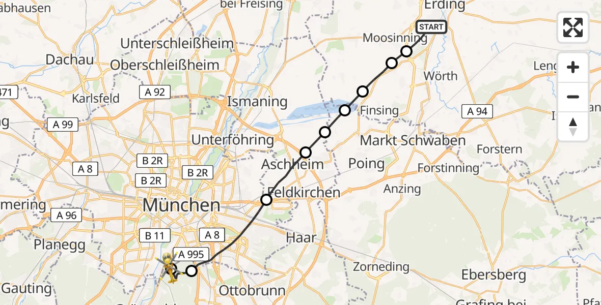 Flugroute Rettungshubschrauber Erding - ADAC Air Rescue Center Hubschrauberlandeplatz (Christoph 1), 02 Juli 2026, 13:30