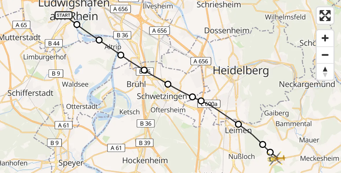 Flugroute Rettungshubschrauber Ludwigshafen am Rhein - Wiesloch, 02 Juli 2026, 13:39