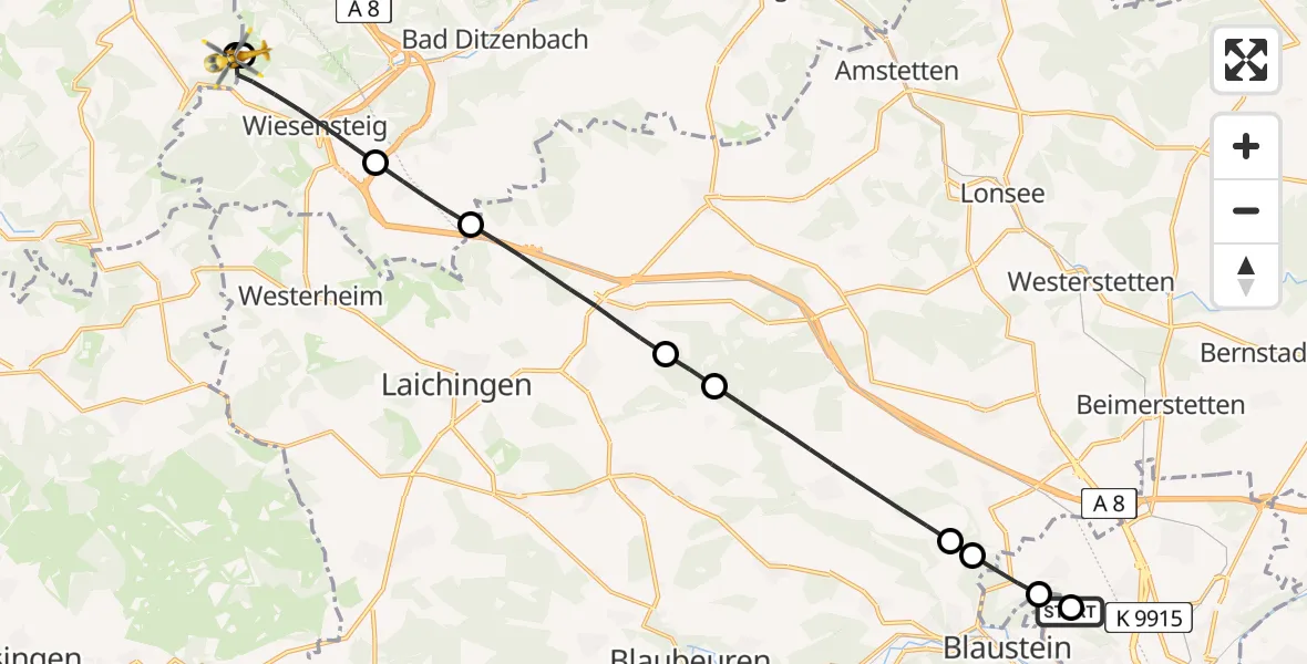 Flugroute Rettungshubschrauber Ulm Military Hospital Emergency - Wiesensteig, 02 Juli 2026, 13:45