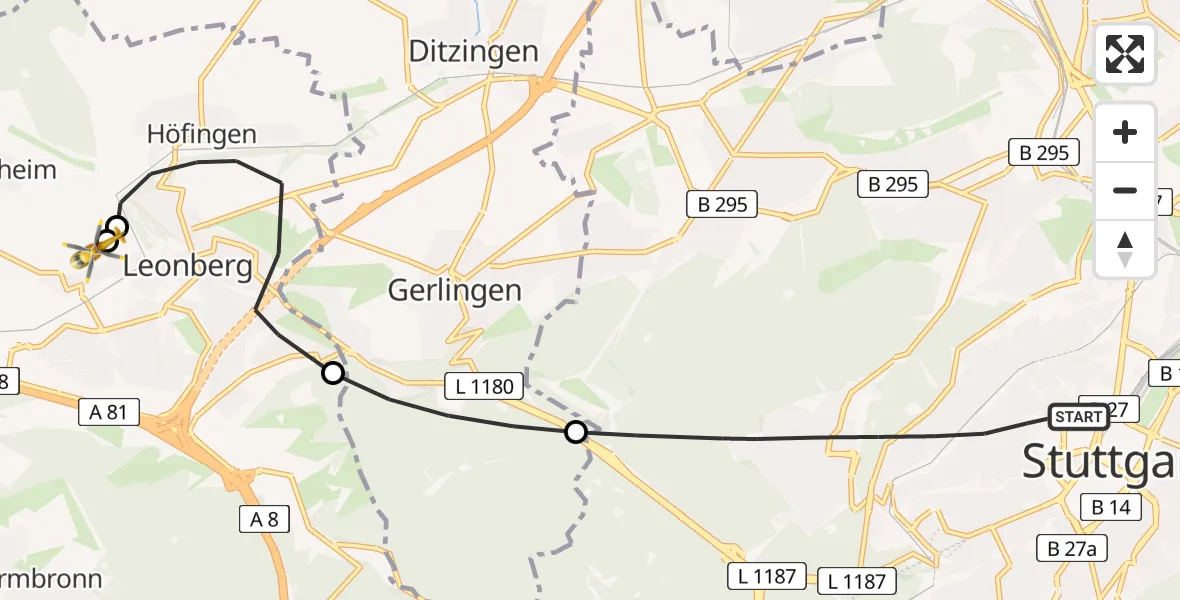 Flugroute Rettungshubschrauber Stuttgart - Leonberg Hospital, 02 Juli 2026, 13:46