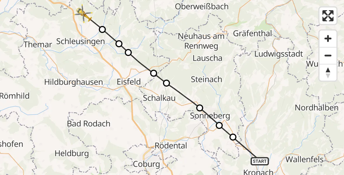 Flugroute Rettungshubschrauber Kronach - Schleusingen, 02 Juli 2026, 13:50