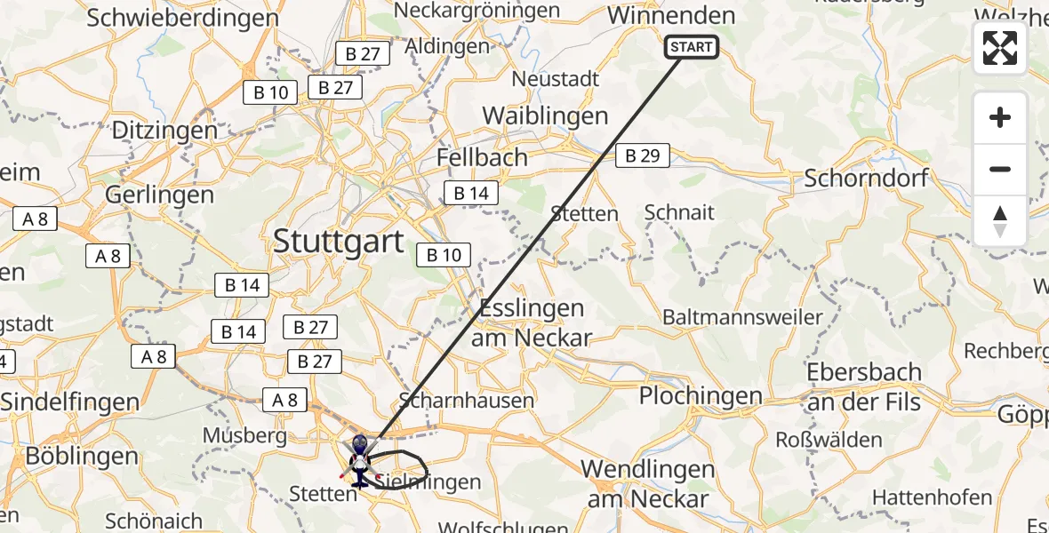 Flugroute Polizeihubschrauber Winnenden - Flughafen Stuttgart, 02 Juli 2026, 13:51