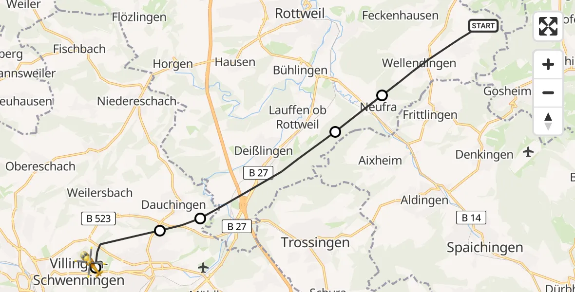 Flugroute Ambulanzhubschrauber Wellendingen - DRF Air Rescue Station Villingen-Schwenningen Hubschrauberlandeplatz (Christoph 11), 02 Juli 2026, 13:52