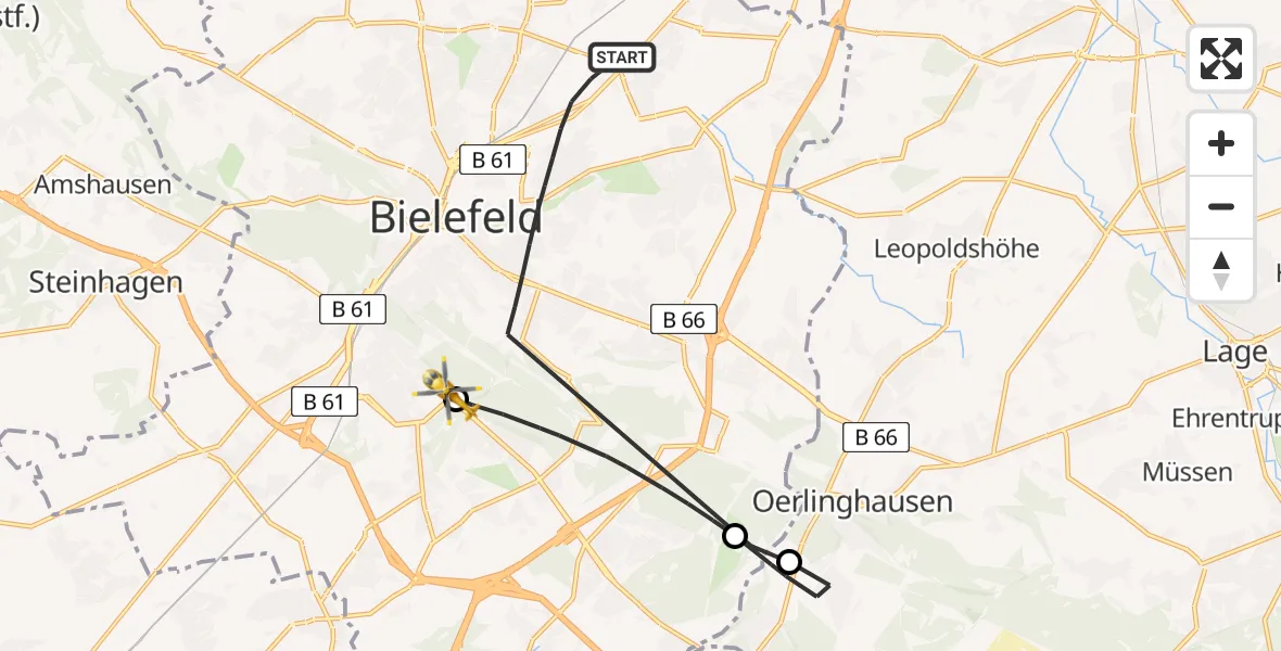 Flugroute Rettungshubschrauber Bielefeld - Luftrettungszentrum Bielefeld, 02 Juli 2026, 14:01