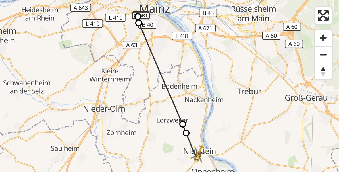 Flugroute Rettungshubschrauber Mainz University Hospital - Nierstein, 02 Juli 2026, 14:02